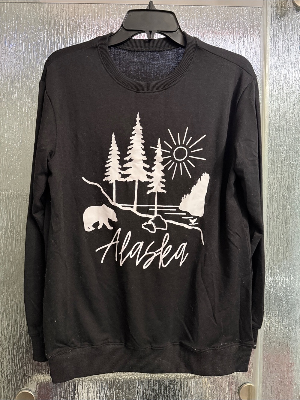 Black Crewneck with White Alaska Nature Graphic